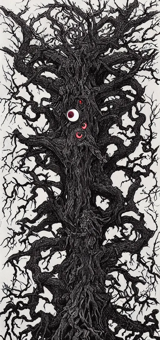 Image similar to a demonic tree with red eyes by rebecca guay, 8 k, drawing
