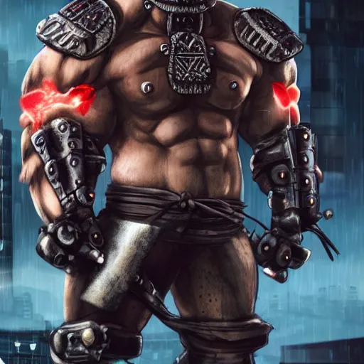 Image similar to very big, very buff, very strong, very muscular huge samurai wearing a oni mask. Cybernetic, cyberpunk, cyber cyber cyberpunk, cyber. movie still hd