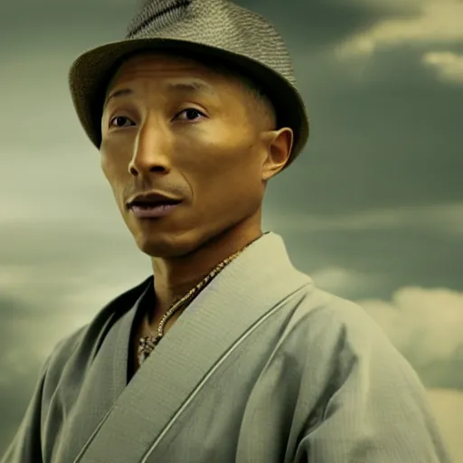 Image similar to cinematic film still Pharrell Williams starring as a Samurai holding fire, Japanese CGI, VFX, 2003, 40mm lens, shallow depth of field,film photography