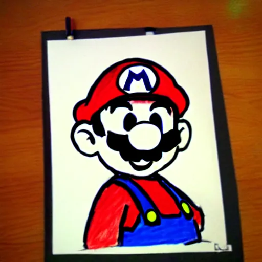 Image similar to child's drawing on mario from super mario brothers, crayon