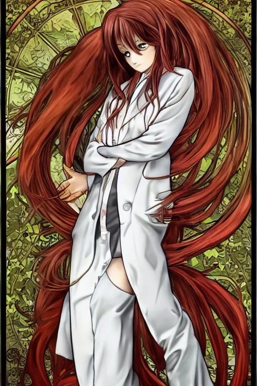 Prompt: Kurisu Makise in long lab coat tonemapped in the style of Ayami Kojima and Alphonse Mucha