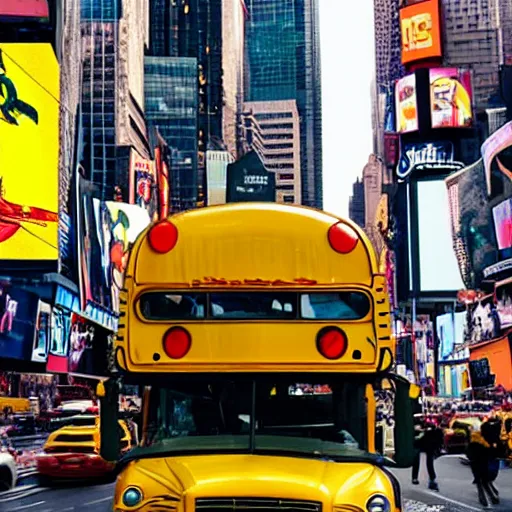 Image similar to giant snake eats yellow school bus, bus swallowed by giant snake, time square, cinematic, dramatic, film still