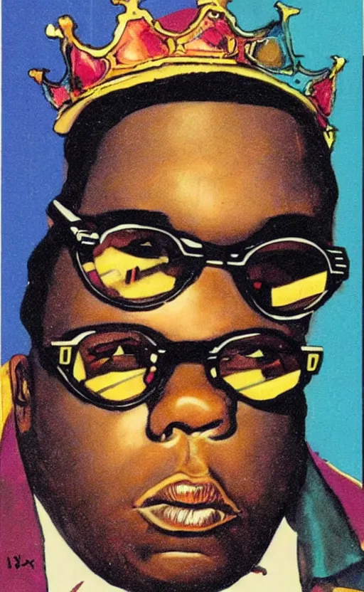 Prompt: trading card featuring portrait of notorious big, wearing crown and sunglasses, with symmetrical attributes, biggie smalls rap music trading card, style of rembrandt