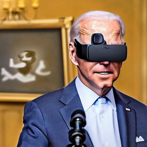 Image similar to : president biden wearing vr goggles, digital art, illustration, art station