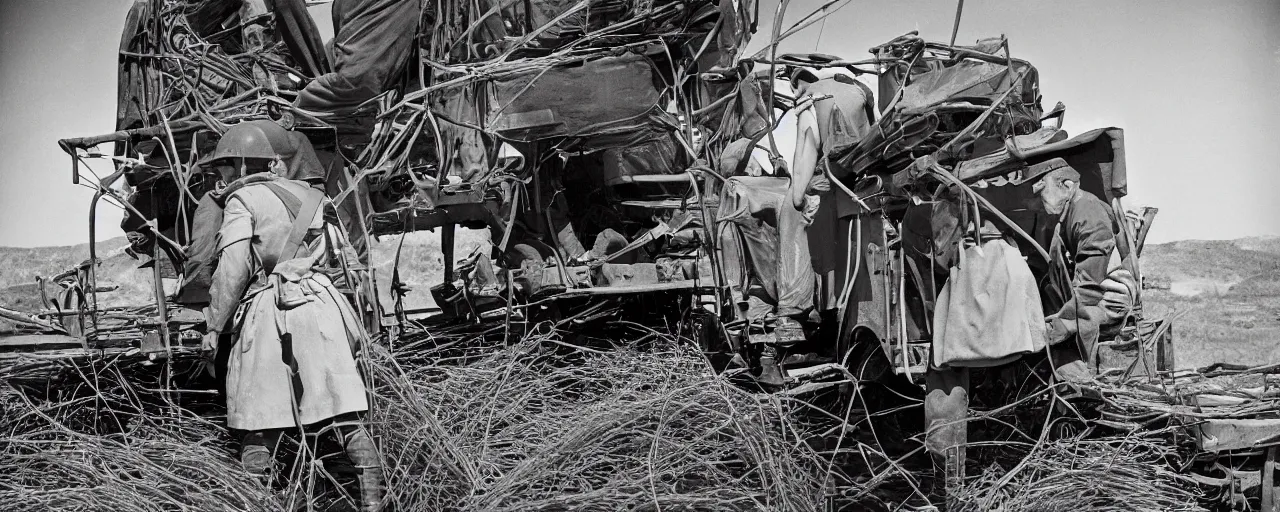 Image similar to transporting spaghetti, world war 2, u. s. army, canon 5 0 mm, kodachrome, in the style of ansel adams, retro