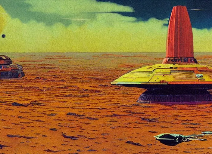 Prompt: a huge vividly - coloured spacecraft in an empty landscape by dean ellis, peter elson, chris foss, david a hardy, angus mckie, bruce pennington, 1 9 8 0 s retro sci - fi art