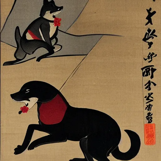 Image similar to Japanese woodblock painting of a foxhound holding a samurai sword