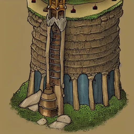 Prompt: A wizard tower next to a few mines and a few caves, lineart, colored