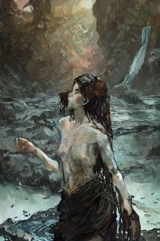 Image similar to a full body portrait of a beautiful post apocalyptic offworld neoicelandic biofarmer swimming by the waterfalls, intricate, elegant, highly detailed, digital painting, artstation, concept art, smooth, sharp focus, illustration, art by krenz cushart and artem demura and alphonse mucha