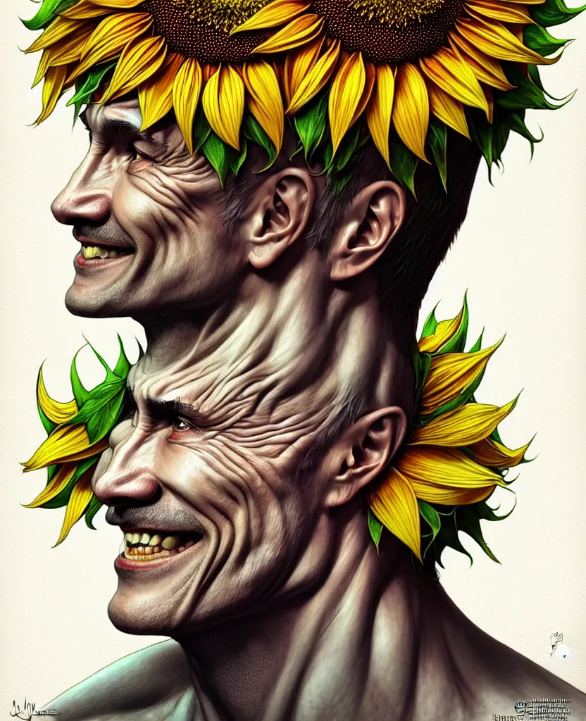 Image similar to digital art, centered full body of Putin smiling king, Sunflower crown, ,intricate, veins, by James Jean and by artgerm , by ross tran ultradetailed, charachter design, concept art, trending on artstation,