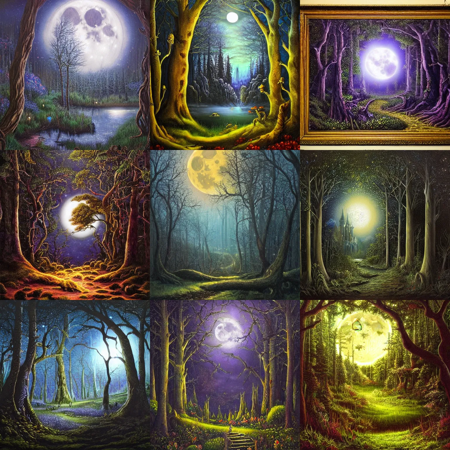 Prompt: a dark fantasy painting of an enchanted forest by john stephens, highly detailed, moon light, magical, dangerous