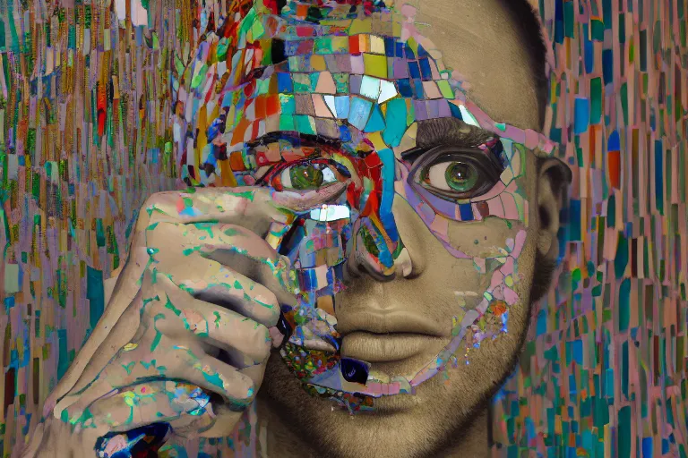 Prompt: portrait of a morphed mosaic painted harlequin sitting on a plastic garden chair looking into a screen doing makeup by james jean and luc tuymans and beeple and hernan bas and pat steir and hilma af klint, psychological, dripping paint, high quality render, masterpiece