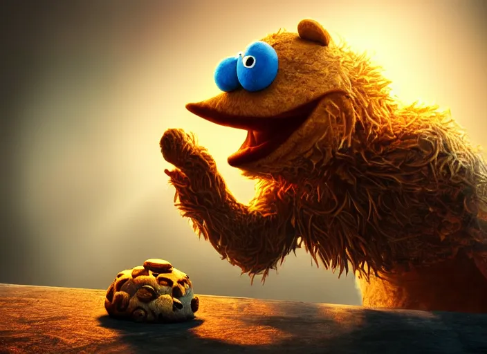 Image similar to cookie monster eating magic mushroom, golden hour, fantasy, sharp focus, digital art, hyper realistic, 4 k, unreal engine, highly detailed, hd, dramatic lighting by brom, trending on artstation