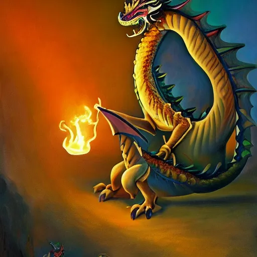 Image similar to a dragon is painting on an esel canvas, by Pixar, 8k