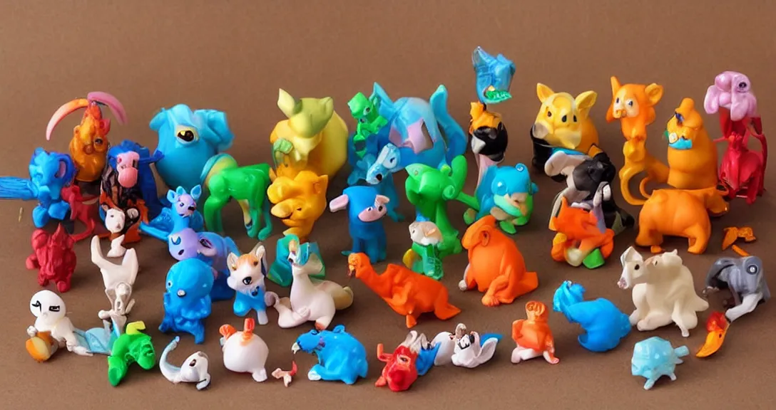 Image similar to some cute plastic toys that look like animal characters, sunset colors