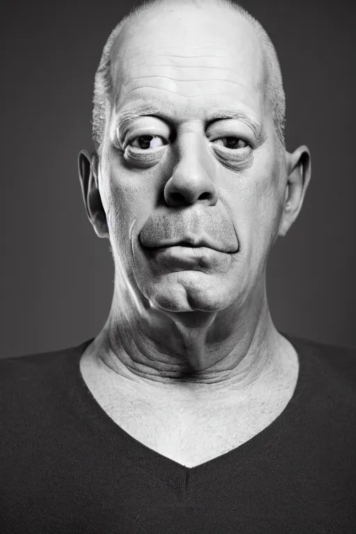 Image similar to studio portrait of man, 4 0 years, homer simpson lookalike, looks like a real life version of homer simpson, as if looking at a cartoon character, soft light, black background, fine skin details, close shot, award winning photo by arnold newman