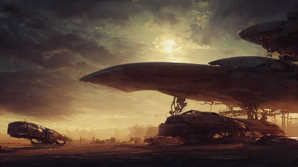 Prompt: a Photorealistic hyperrealistic render of a gigantic spaceship landing at a Junkyard by Greg Rutkowski,Vitaly Bugarov,Stephan Martiniere,Nicolas Bouvier SPARTH,James Paick,dramatic moody sunset lighting,long shadows,Volumetric, cinematic atmosphere, Octane Render,Artstation,8k