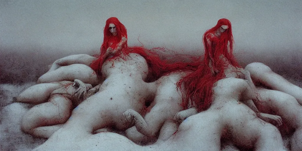 Image similar to surrealist painting of a lonely woman with pale skin and red hair standing over pile of bodies in post apocalyptic snowy landscape painted by beksinski