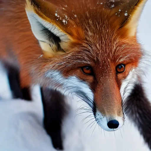 Image similar to Photorealistic photograph of a cute fox in snow by Suzi Eszterhas, photorealism, photorealistic, realism, real, highly detailed, ultra detailed, detailed, 70mm f/2.8L Canon EF IS lens, Canon EOS-1D Mark II, Wildlife Photographer of the Year, Pulitzer Prize for Photography, 8k,
