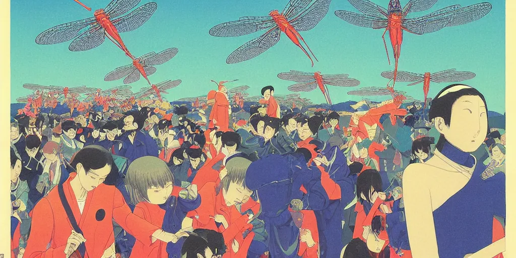 Image similar to gigantic dragonflies with human faces catch tiny robots, a lot of exotic mechas robots around, human heads everywhere, risograph by kawase hasui, edward hopper, satoshi kon and moebius, no text!, colorful flat surreal design, super - detailed, a lot of tiny details, fullshot