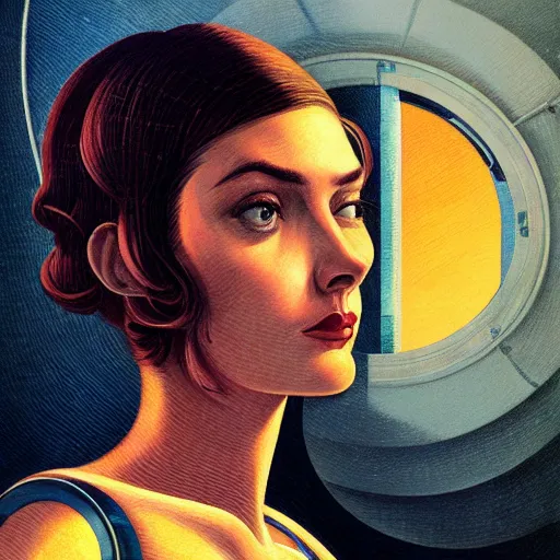 Image similar to detailed face of a woman, clockwork, moment, tectonic sky, skydome, bullet train, turbines, utopian, tech noir, wet reflections, prism, atmospheric, ambient, pj crook, syd mead, livia prima, greg rutkowski, edward hopper