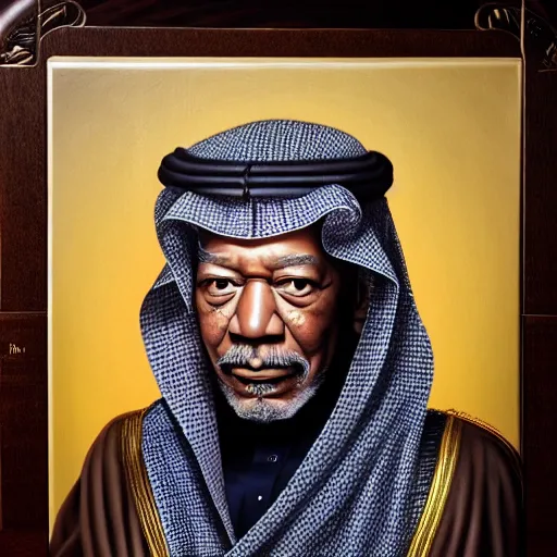 Image similar to a detailed fantasy character portrait of morgan freeman as saudi arab king by lauri blank, artgerm, evelyn de morgan, 8K, 50mm lens