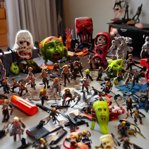 Prompt: a war of action dolls in a room of a crazy boy, he has several broken and deformed horror toys