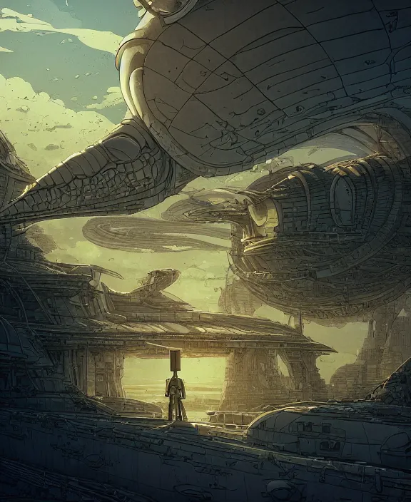 Prompt: simplicity, three buildings made out of nautilus, in the style of a spaceship, skeletons, partly cloudy, spooky, dramatic lighting, by geof darrow, bill sienkiewicz, dan mumford, yusuke murata, makoto shinkai, ross tran, cinematic, unreal engine, cel shaded, featured on artstation, pixiv