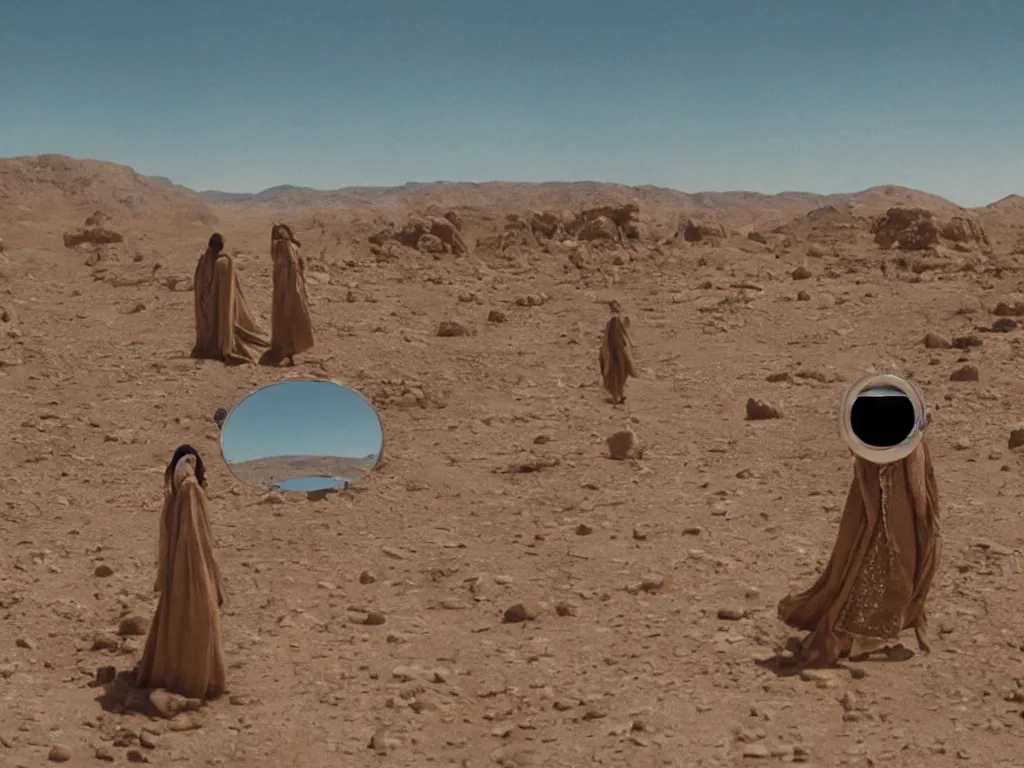 Prompt: levitating women with full - face golden mask and glowing eyes in a dry rocky desert landscape, visible sky and sunny atmosphere, fata morgana giant mirrors by alejandro jodorowsky, anamorphic lens, kodakchrome, cinematic composition, practical effects, 8 k,