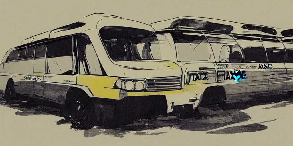 Image similar to concept art design for modernized African taxi bus, Syd Mead style,