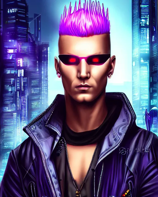 Image similar to cyberpunk man with mohawk portrait, detailed face and eyes, cyberpunk city background, cosmic, anne stokes