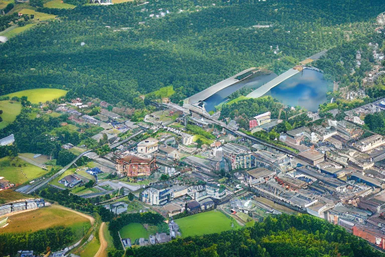 Image similar to bird's eye view photography of a small city. town hall, central farm, monorail station, inlet and shipping dock. hills, woods and pond to the north.