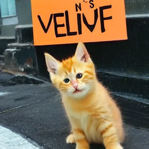 Image similar to cute fluffy orange tabby kitten with a sign that says