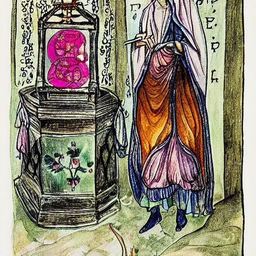 Image similar to a feminine alchemical illustration drawn and painted by Carl Jung, detailed penciling, watercolor, pen and ink,