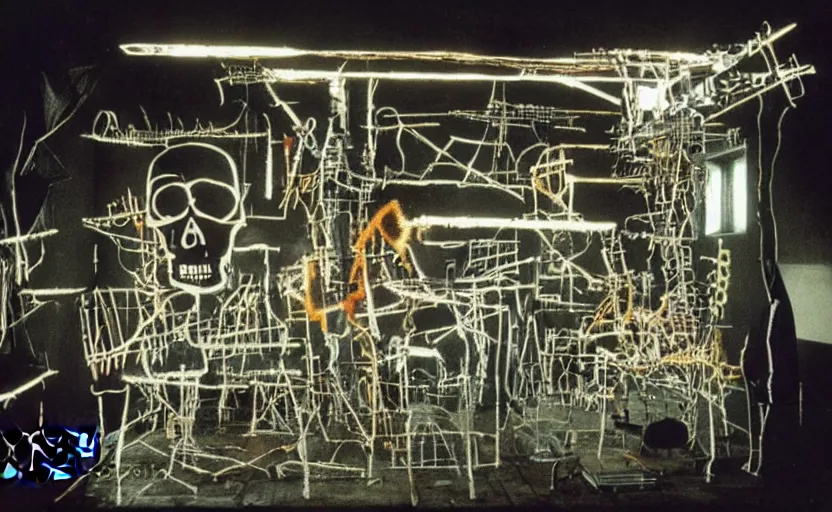 Image similar to photograph of a skull machine built by basquiat perfect composition masterpiece dramatic lighting