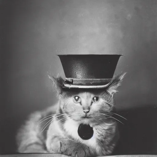 Prompt: A cat wearing a Pickelhaube, Prussia, black and white photography, film grain, f 1.8