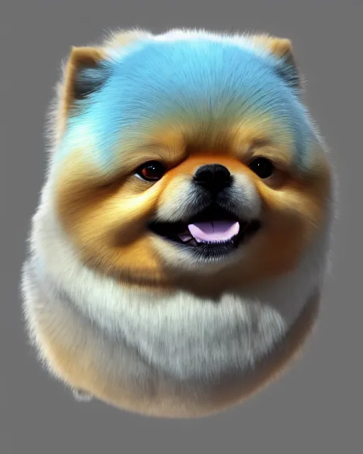 Image similar to gold, blue, head to shoulders illustration of a fat angry pomeranian, 3 d, 8 k, extremely detailed, artstation