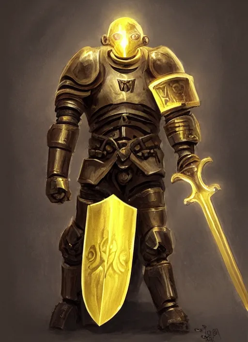 Image similar to dynamic portrait of a cyclopean warforged character in yellow armor holding a paladin engraved longsword and carrying a big shield, epic , trending on ArtStation, cinematic lighting, by Greg Rutkowski and Jesper Ejsing