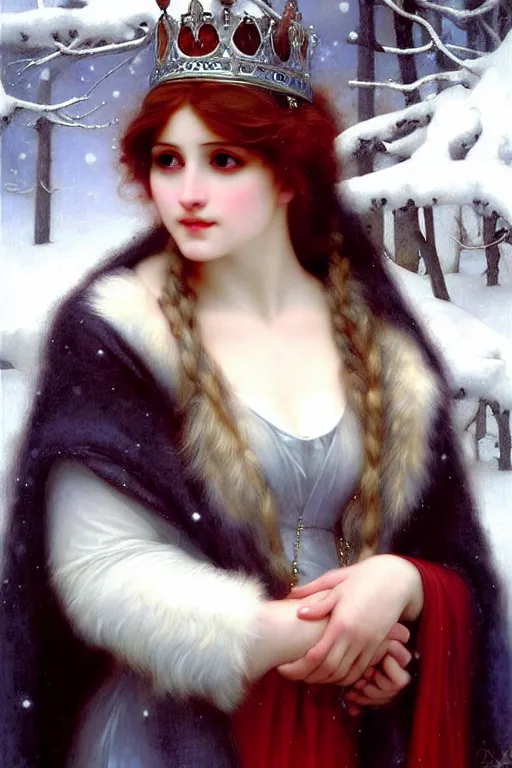 Image similar to snow queen in furry ice cold, painting by rossetti bouguereau, detailed art, artstation