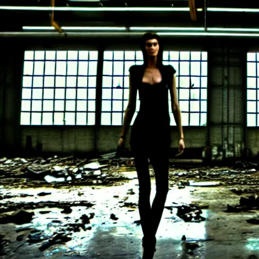 Prompt: runaway beautiful supermodel replicant standing in a dirty abandoned factory, still from closed circuit tv footage, high angle