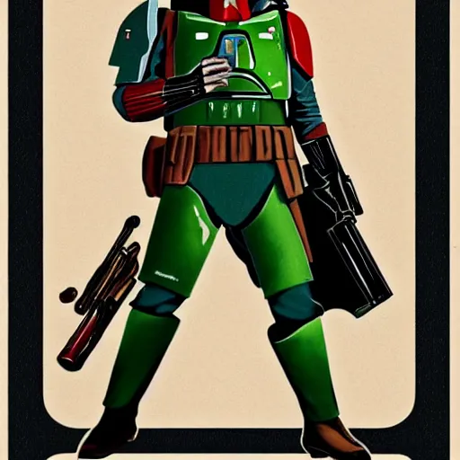 Image similar to Boba Fett in the style of a 1950s propaganda poster