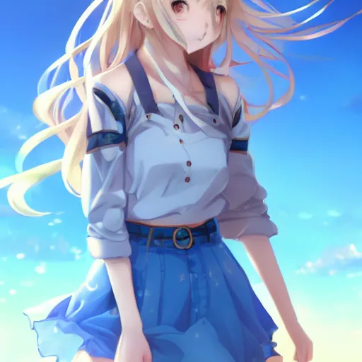 Image similar to a very beautiful anime cute girl, full body, long wavy blond hair, sky blue eyes, full round face, short smile, fancy top, miniskirt, front view, medium shot, mid-shot, highly detailed, cinematic wallpaper by Stanley Artgerm Lau