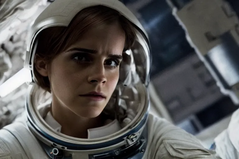 Image similar to promotional image of Emma Watson as an astronaut in Interstellar (2014 film), detailed face, movie still, promotional image, imax 70 mm footage