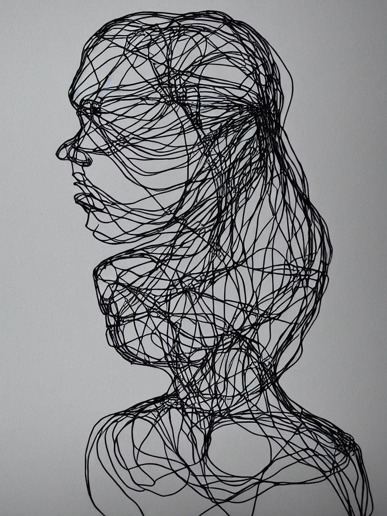 Prompt: elegant minimalist metal wire art of symmetrical and expressive female facial features and silhouette