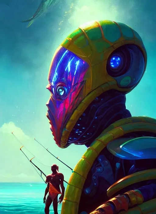 Image similar to portrait of a jamaican fisherman sci - fi glowing fishing armor muscular cyberpunk intricate elegant highly detailed digital painting artstation concept art, ocean background, jamaican colors, cinematic, greg rutkowski, loish, rhads, ferdinand knab, makoto shinkai and lois van baarle, ilya kuvshinov, rossdraws, tom bagshaw