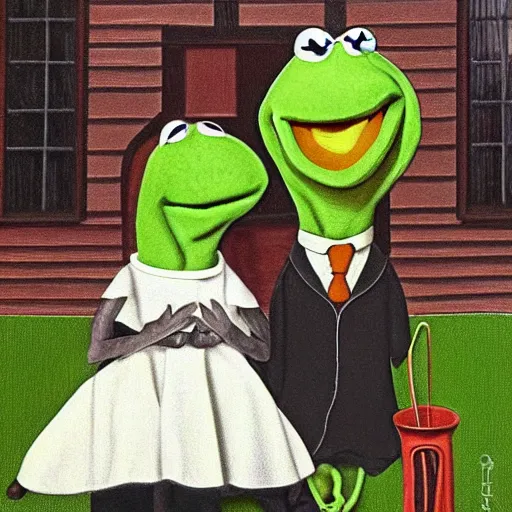 Image similar to kermit and elmo in the style of american gothic by grant wood