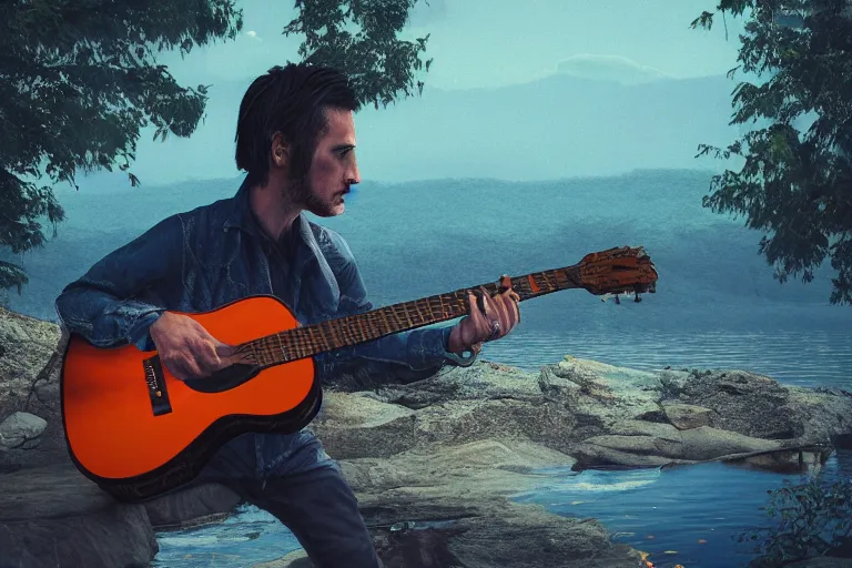 Prompt: mysterious man playing guitar near a lake, hyper detailed, orange red blue tones dramatic lighting, cgsociety, realistic, hyper detailed, insane details, intricate, dramatic lighting, hypermaximalist, golden ratio, rule of thirds, octane render, weta digital, micro details, ultra wide angle, artstation trending, 8 k,