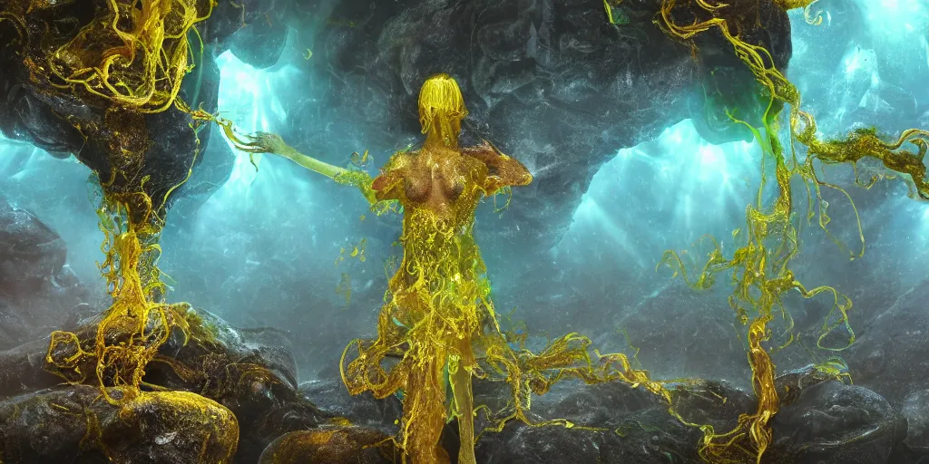 Prompt: Photorealistic symmetrical picture of a levitating goddess, a floating glossy wet fungus god with arms outstretched made from colorful wet fungus tendrils. a gentle rising mist, an epic rocky landscape. occult photorealism, UHD, amazing depth, glowing, golden ratio, 3D octane cycle unreal engine 5, volumetric lighting, cinematic lighting, cgstation artstation concept art