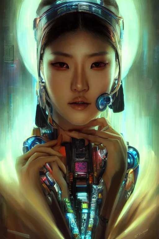 Image similar to stunning highly detailed portrait of a beautiful asian female cyberpunk, soft lighting, pastel neon colors, oil on canvas, strong lighting, by Greg Staples, HD, 4K