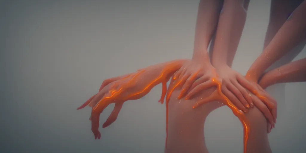 Image similar to a blurry closeup picture of gorgeous human bodies intertwined, female bodies, hands, dripping wet, macro photography, long exposure photograph, surrealism, anamorphic bokeh, cozy, soft light, cyan and orange, caustic, atmospheric fog, octane render, cinematic